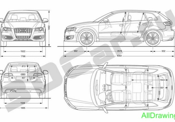 Audi S3 Sportback (2009) (Ауди С3 Спортбак (2009)) - чертежи (рисунки) автомобиля
